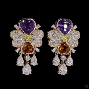 Colorful gemstone and diamond floral earrings.