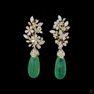 Gold floral diamond earrings with green jade